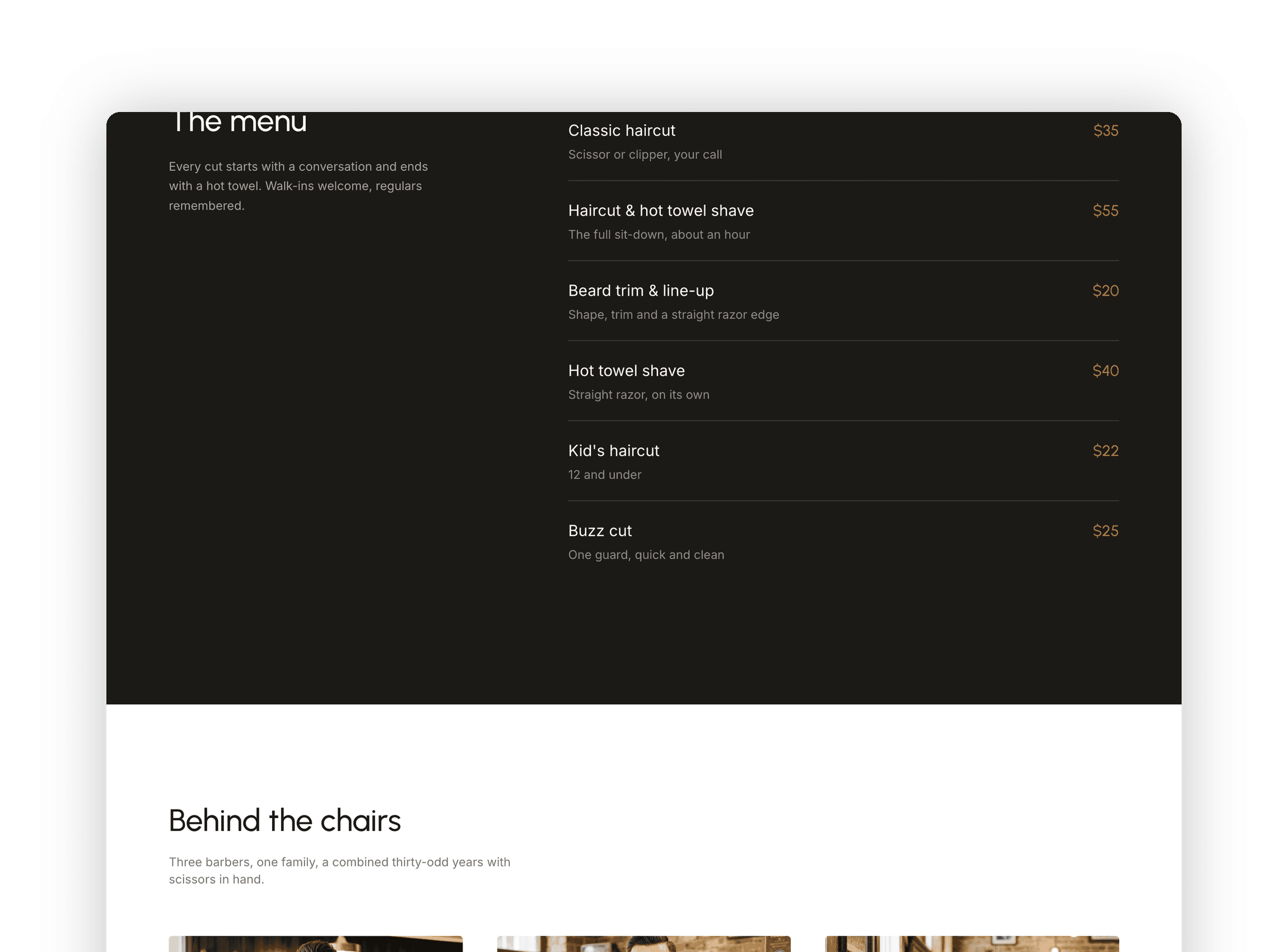 Transparent grooming services menu highlighting haircuts with hot towel shave pricing details