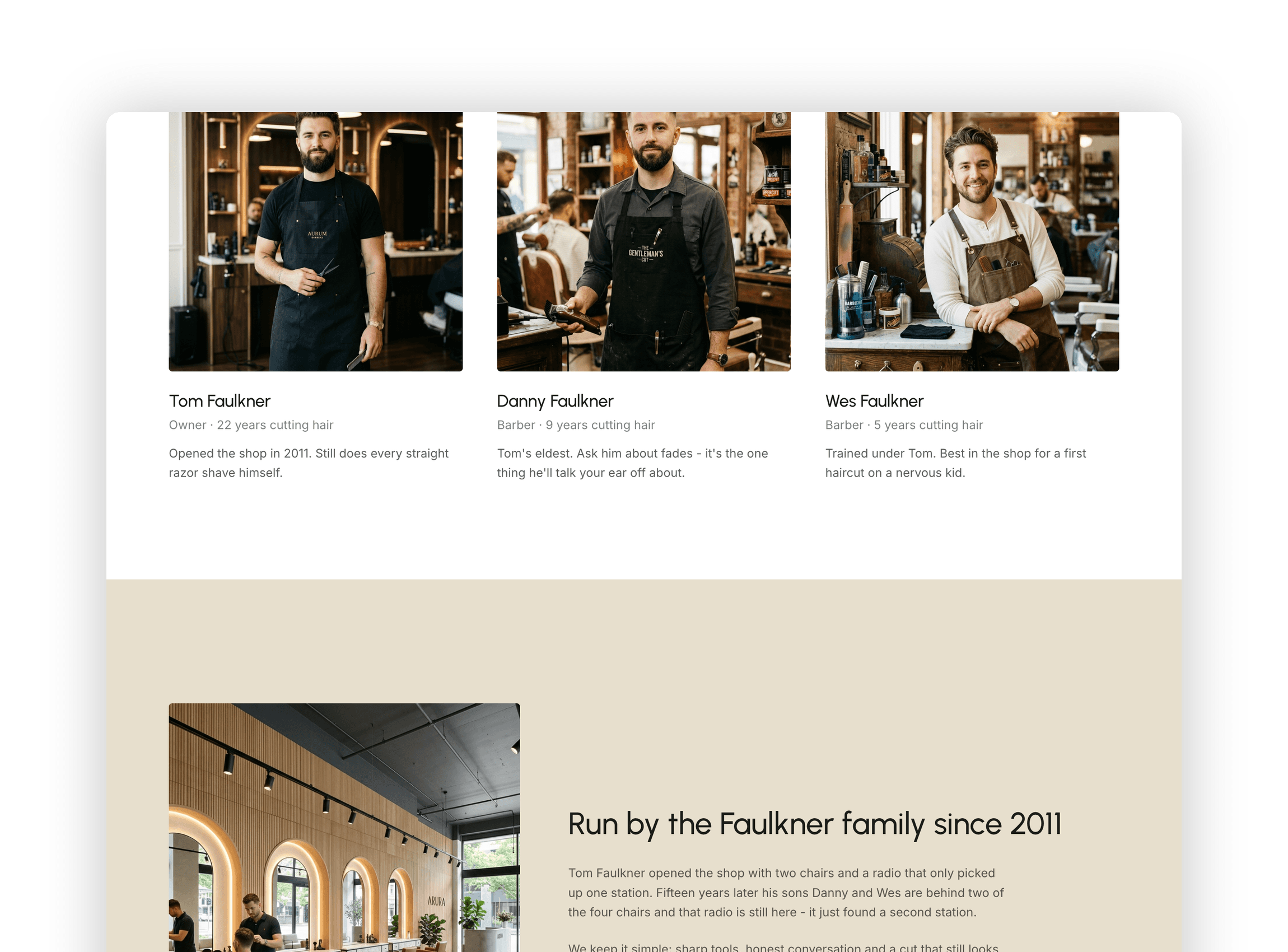 Barber team showcase displaying master barber portraits alongside professional experience highlights