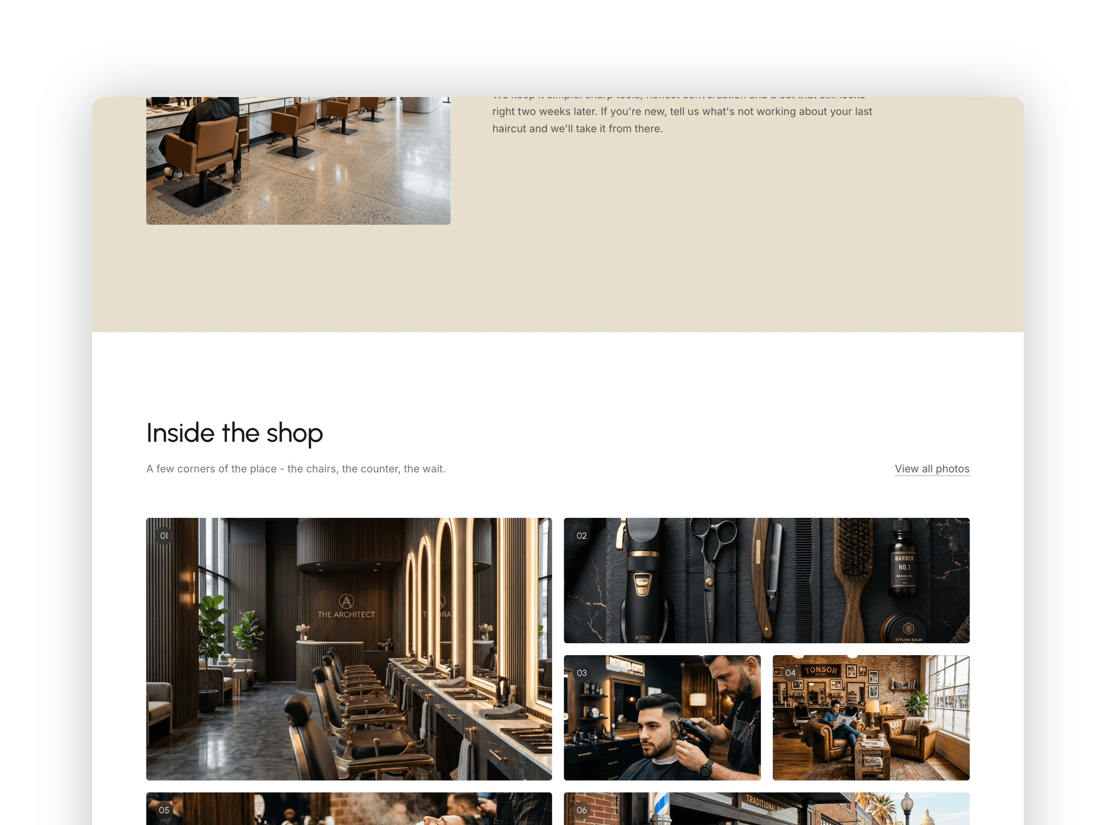 Heritage about section presenting barbershop interior photography and authentic family story