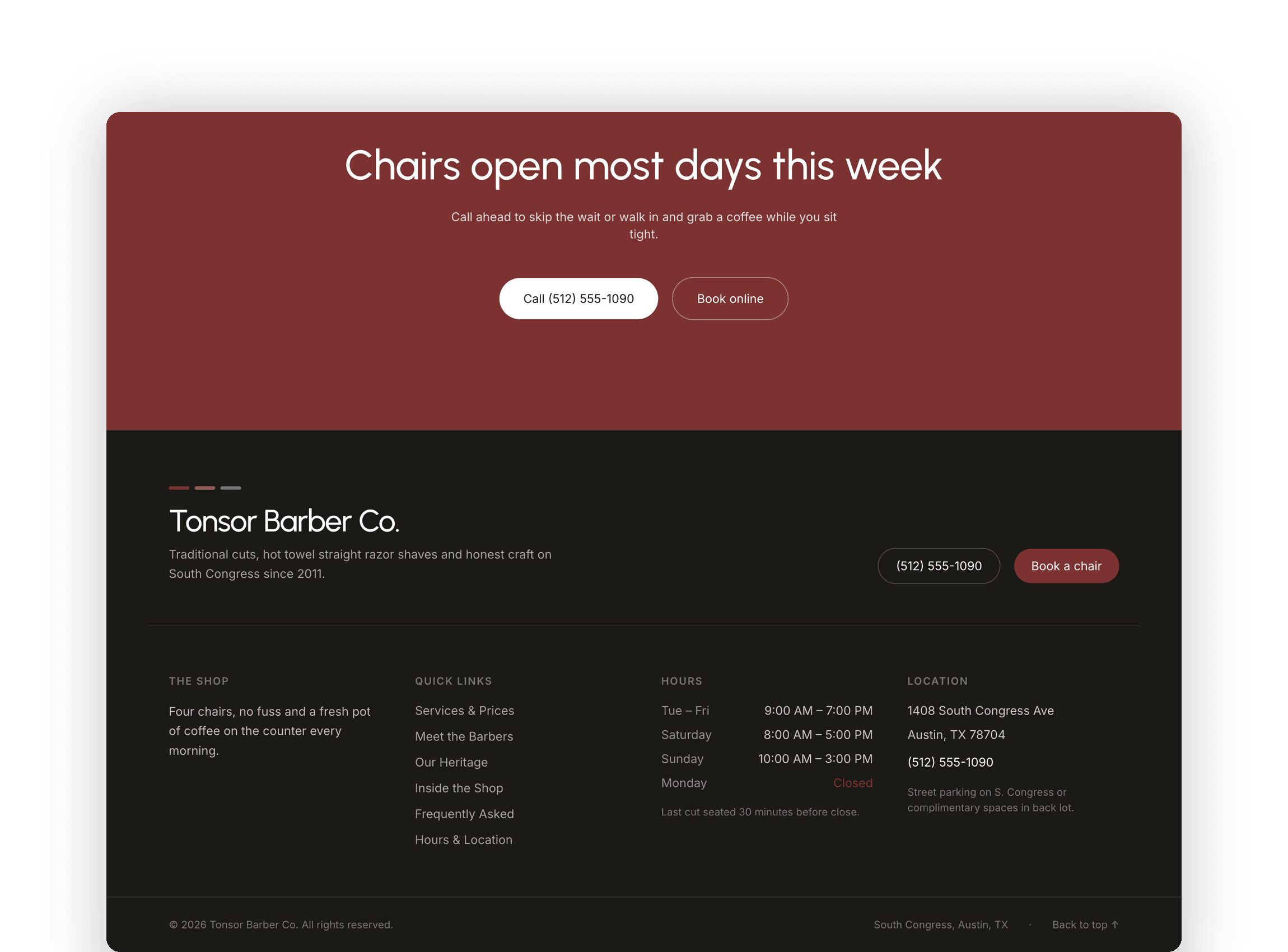 Weekly operating hours table displaying shop opening schedule and contact location information